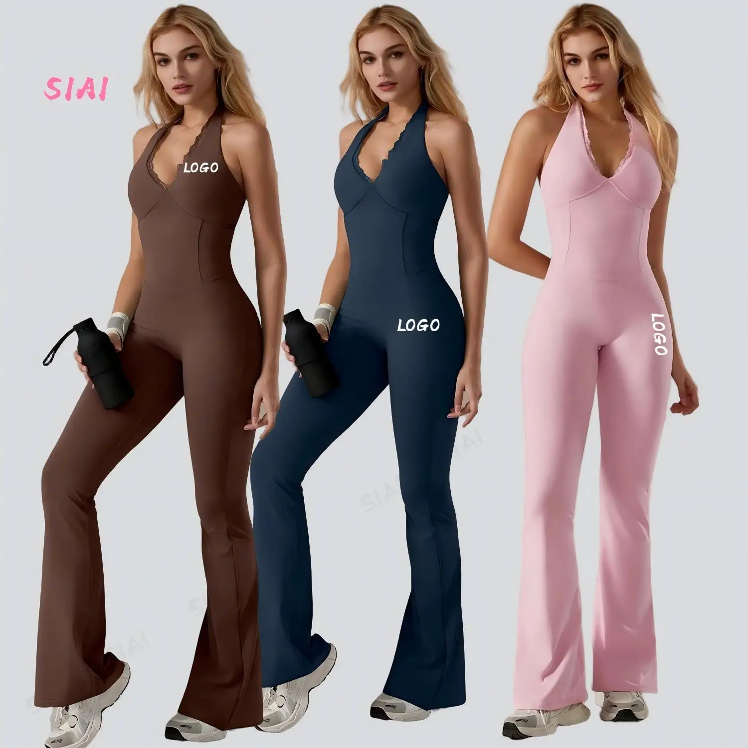 Wholesale Women's Yoga Flare Jumpsuit Chest Pad V-neck Backless Full-Length Lightweight Eco-Friendly Anti-Bacterial Anti-Wrinkle