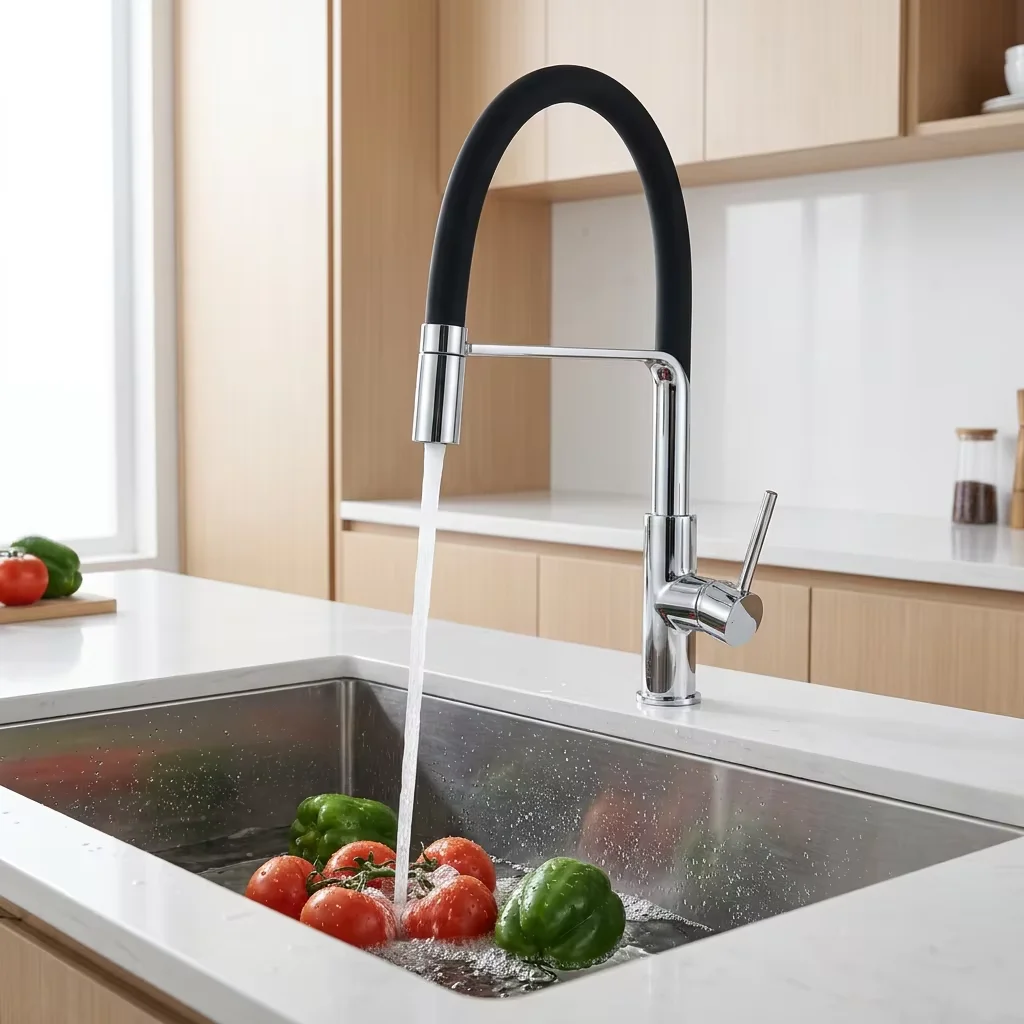 Extendable hose design for hot cold water tap Flexible hose feature of modern brass kitchen faucet