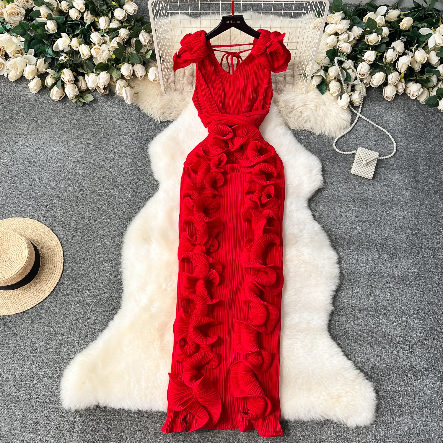 LE2267 Socialite Banquet Haute Couture Long Dress Luxury Pleated  Three-Dimensional Ruffled Dress Elegant Women Evening Dress