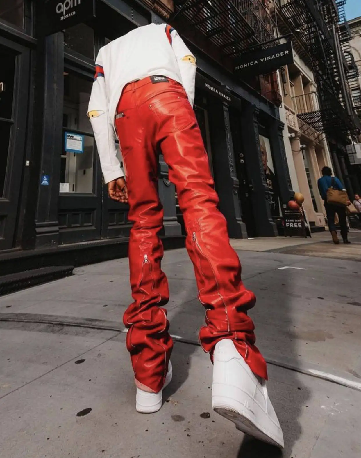 Custom Vintage Streetwear High Waist Zipper Pu Flare Sweat Trousers Custom Faux Leather Stacked Pants Men gallery 4