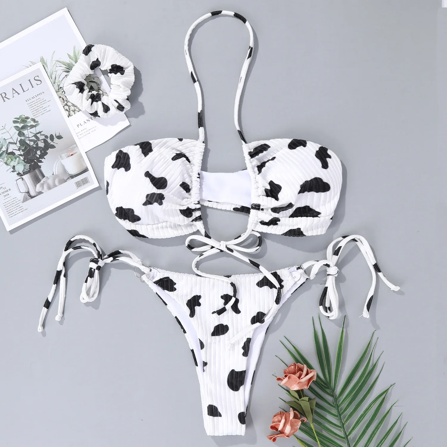Cow Print Two-piece Bikini Sets Women's Beachwear e Lace-up Bra Low Waist Thong Briefs Swimsuit Set Female Bathing Suits