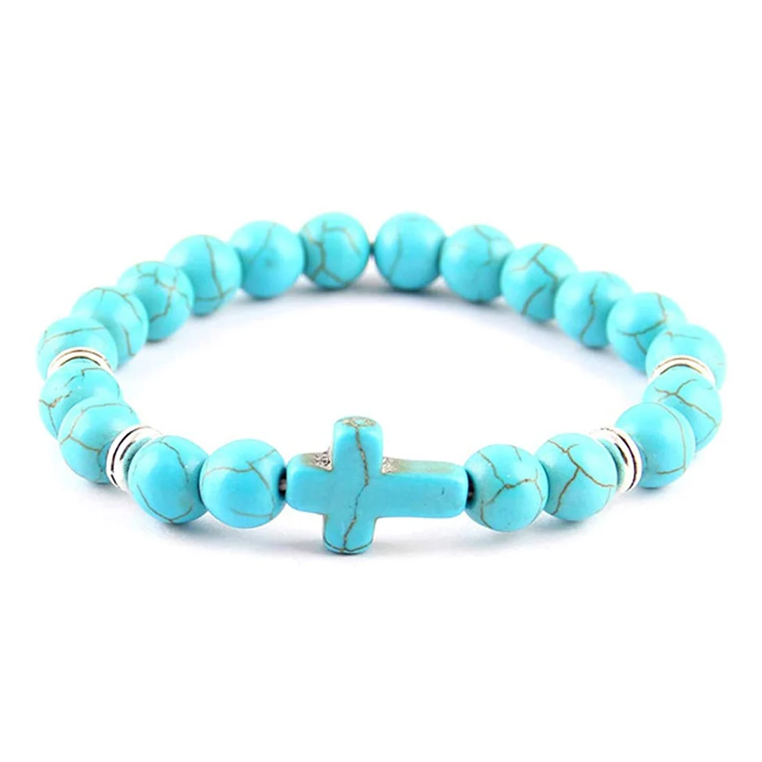 Cross Bracelets 8mm Natural Howlite Turquoise Healing Beaded Stretch Cross Bracelets for Women Men