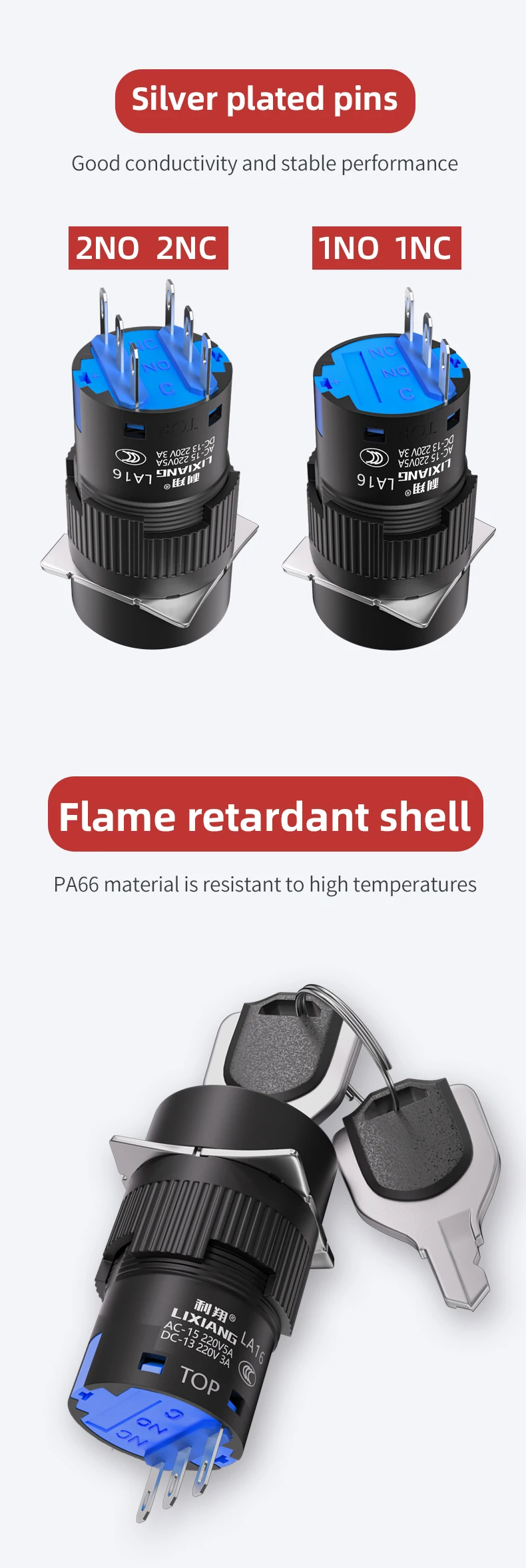 16mm Round & Square Key Knob Button Switches 2 & 3 Gears Self-Locking Rotate Brass CNC Machine Equipment Max. Current 10A