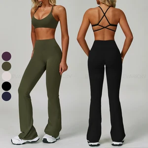 Women Custom 2 Piece Set High Waist Flare Pants Breathable Yoga Sports Wear Fall Trendy Clothes Gym Sets for Womens Wholesale
