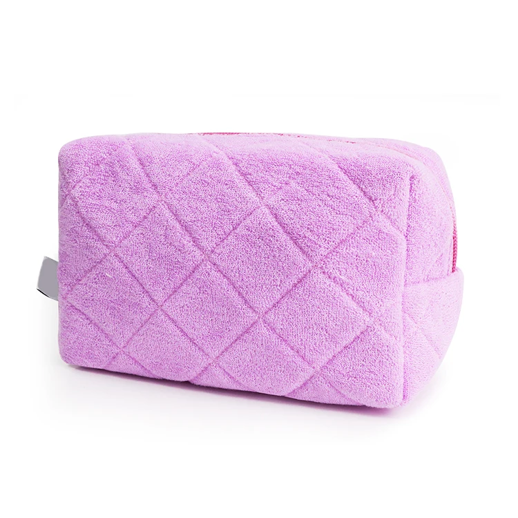 Wholesale Custom Travel Small Green Quilted Cosmetic Pouch Towelling Terry Cloth Makeup Bag For Women