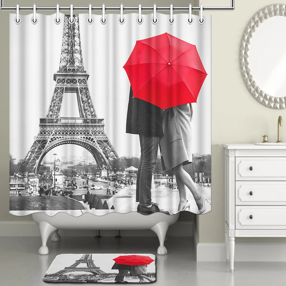 Vintage Style Black And White Shower Curtain Set Eiffel Tower Bathroom Decor Bath Rugs Curtains For Home Decor Bathroom Mat Buy Shower Curtain Set