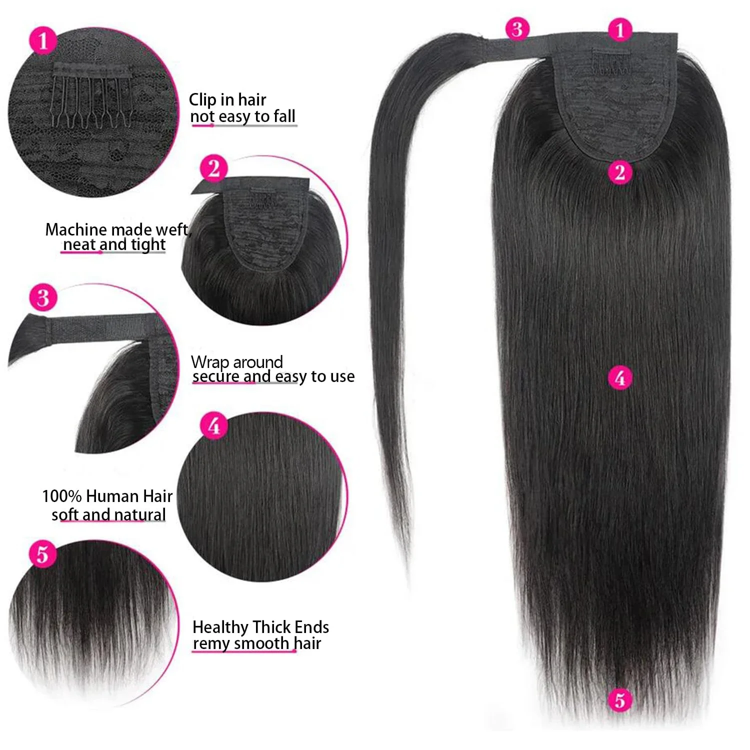 Natural Color Brazilian Human Hair Straight Wrap Around Ponytail Clip In Hair Extension Hairpiece for Women_voghion.com