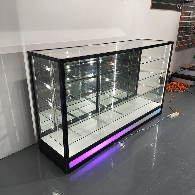 72-Inch RGB Light Sliding Glass Showcase Hot Sell Alloy Frame Display Cabinet with Smoke Mirror for Storefront or Office