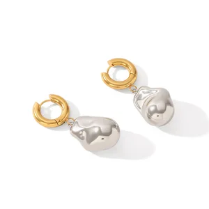 MW Modern Minimalist 18K Gold Stainless Steel Two Tone Simple Special-shaped Steel Bead Pendant Earrings