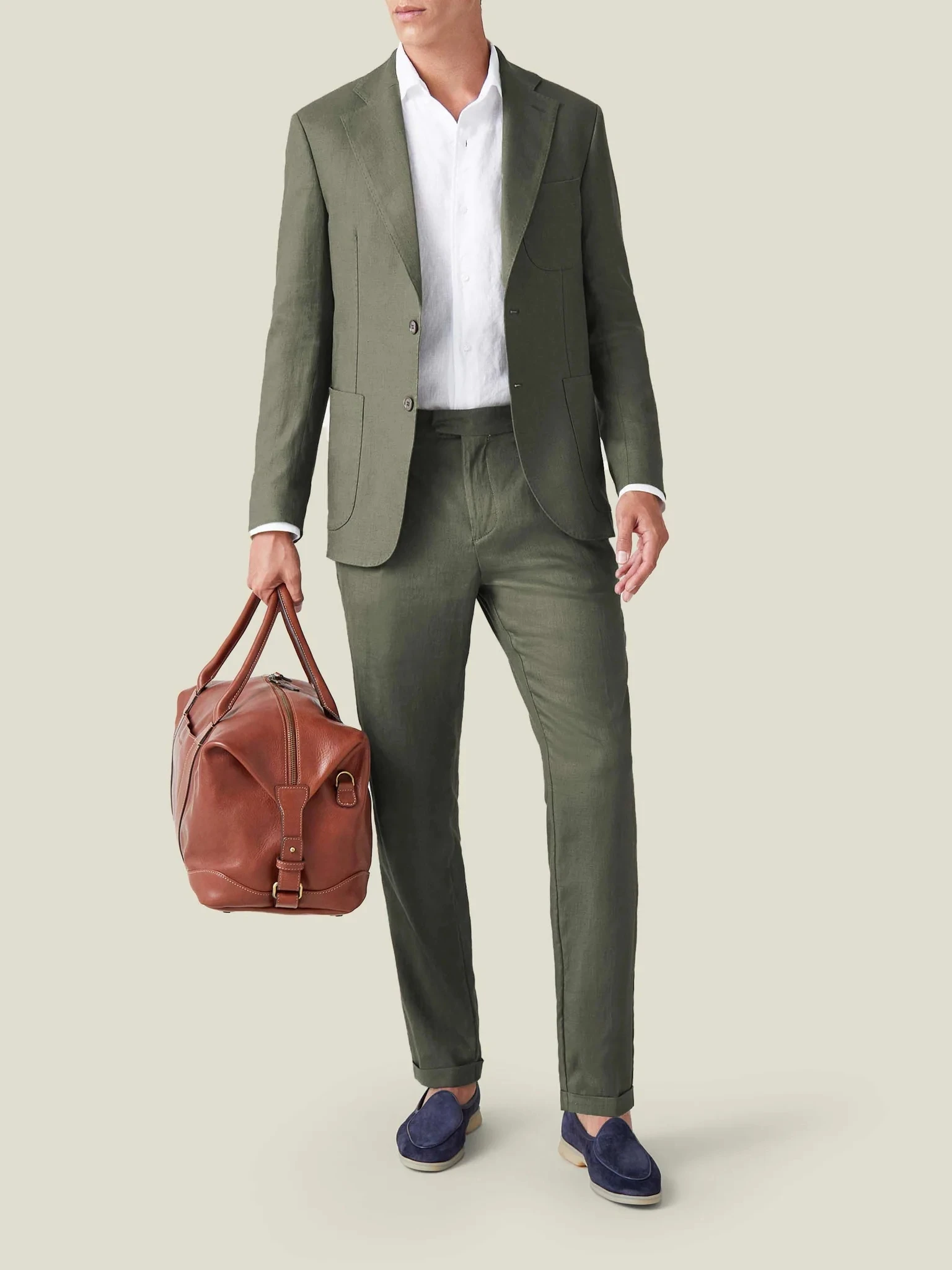 Solid Color Olive Green 100% Linen Men's Suit