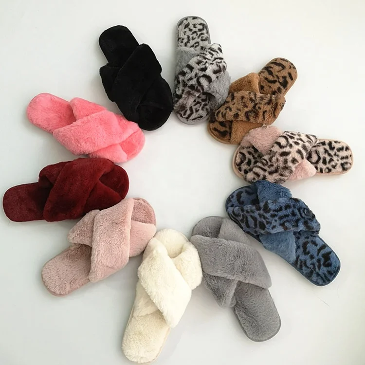 Fancy Outdoor Indoor Soft Cross Leopard Print Fur Slides Plush Rabbit Plush  Women Slippers Winter