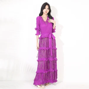 Miyake Pleated Dress Women 2025 Autumn New Fashion V-neck Metallic Tassel Long Skirt Factory Direct Sales