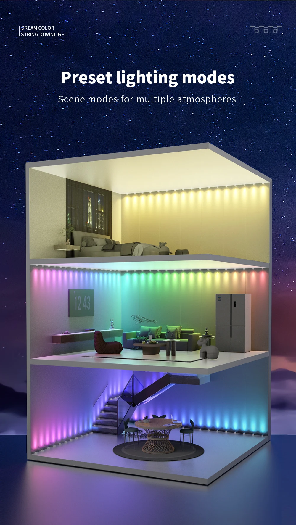 卧室、客厅照明室内装饰圣诞灯智能发光二极管条筒灯