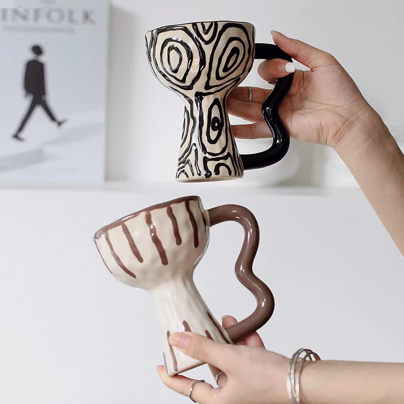 Handmade Embossed Ceramic Breakfast Milk Coffee Tea Water Cup High Foot Vintage Ice Cream Dessert Mug Party Restaurant Drinkware