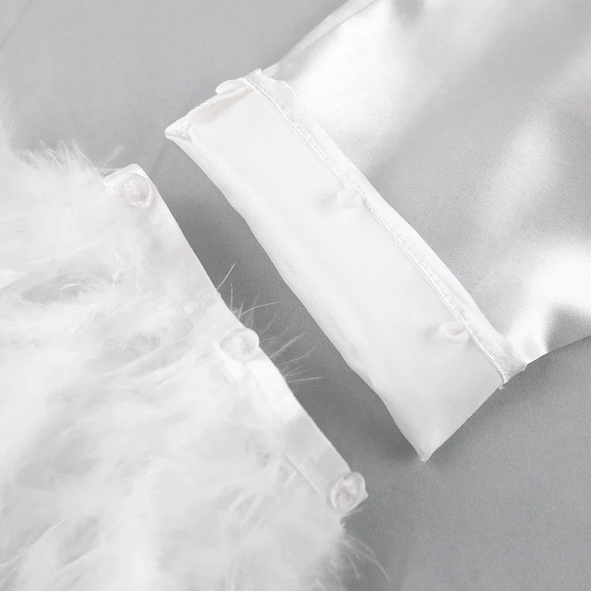 Feather Trim Satin Pajama Set Women Lapel Long Sleeve Button Front Loose Pants Soft Breathable Loungewear — detail
