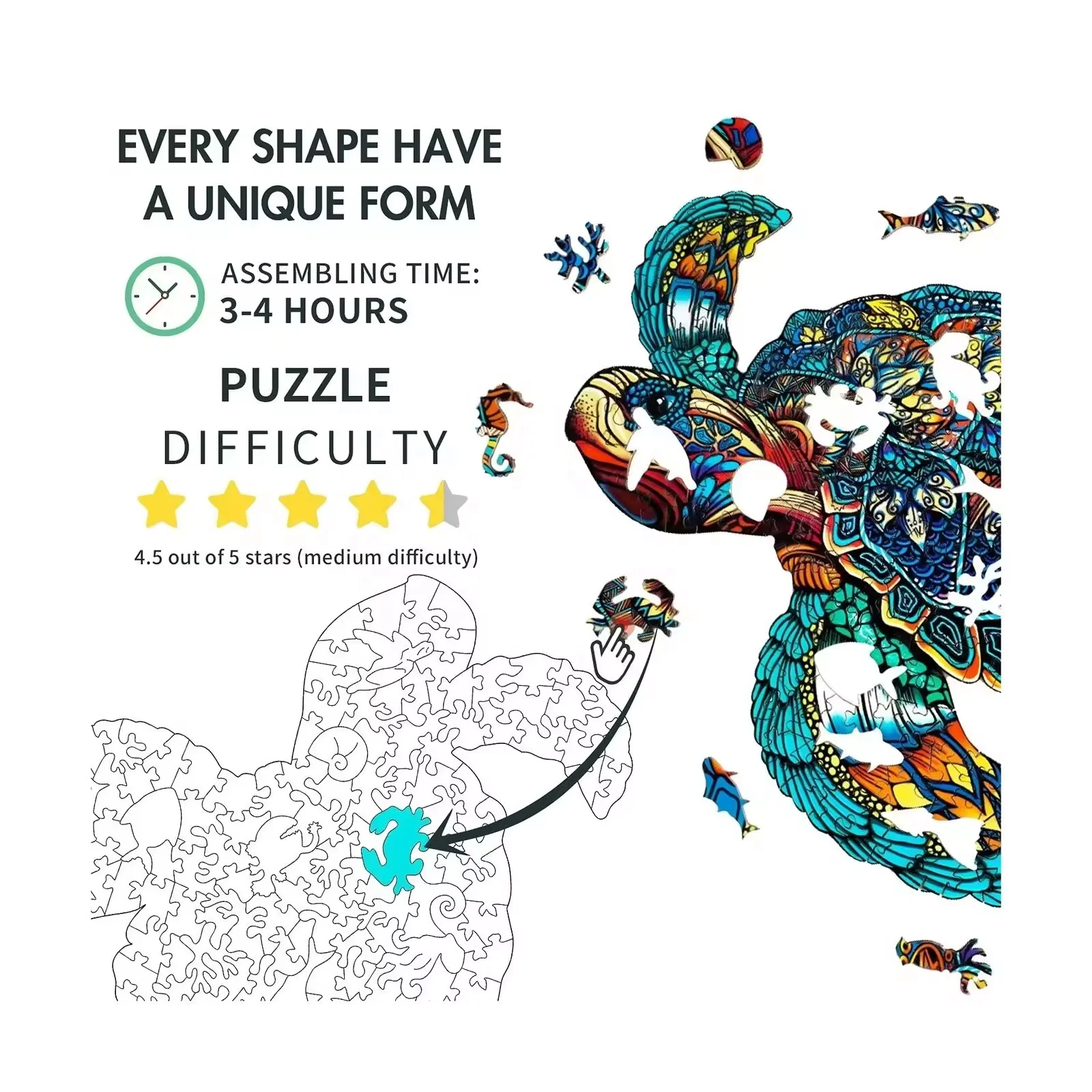 Sea Turtle 3D Puzzle Unique Shape Wood Animal Puzzle Wooden Jigsaw Puzzles for Adults Kids Gift