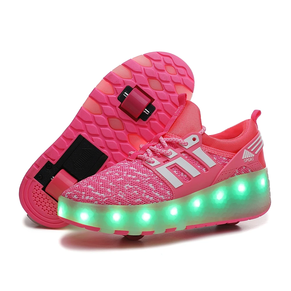 Wholesale Kids Sneakers Children Baby Girls Boys Letter mesh Led Luminous Sports Remote control light roller shoes B904