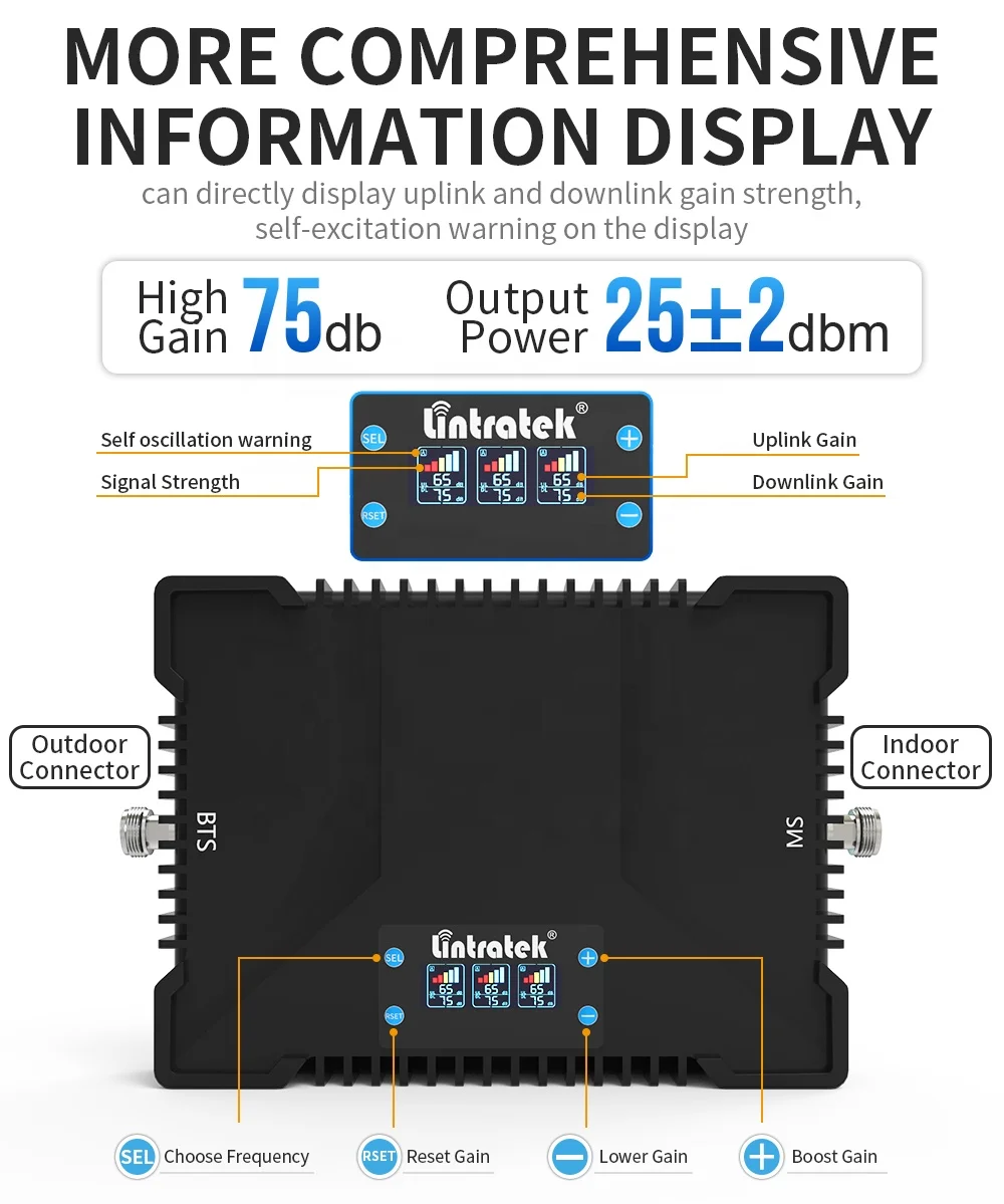 Lintratek 4G Mobile Signal Booster Triple Band 75dbi Gain 25dbm B28 700 900 1800MHz Large Area Output Power Cellular Booster