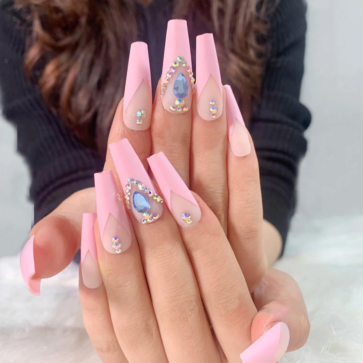 French Tip Press on Nails Long with Rhinestone Designs, 3D Luxury