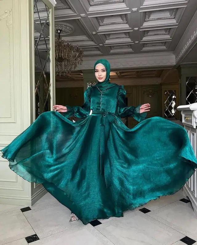 Custom Women Arabic Dubai Islamic Muslim Modest Prom Party Dress Shiny