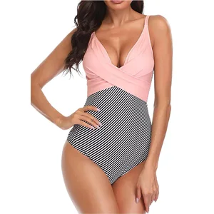 Two Color V Neck One Piece Swimsuit Twist Tummy Control High Cut Swimsuit Women's Customized Beach Wear