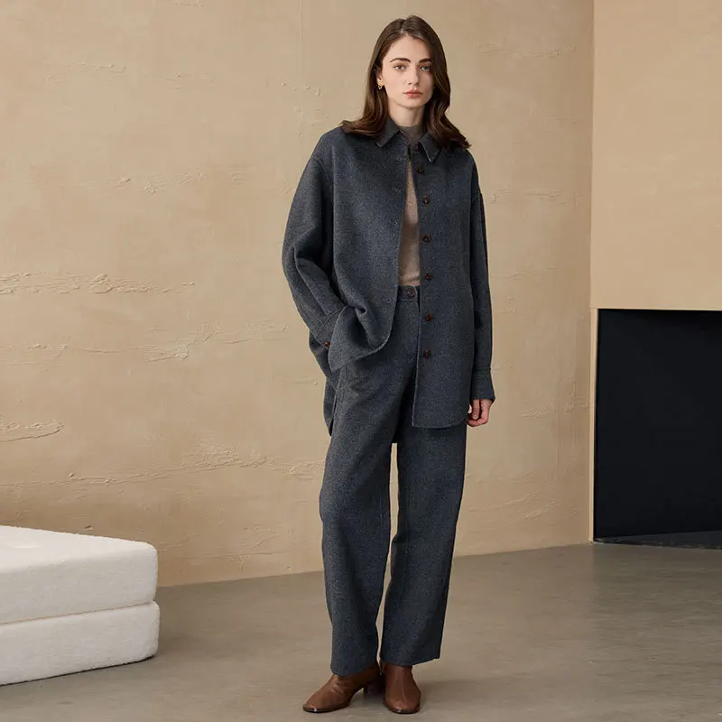 2025 Fall/Winter Eco-friendly Long Wool Overcoat Women Loose Casual Single-Breasted Turn-down Collar Woolen Coat