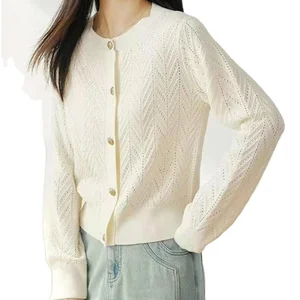 Custom High Quality Spring Autumn  Soft  Long-Sleeved Thin Knitted Cardigan with Button Pointelle Geometric Pattern Casual Style