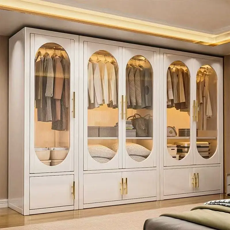Eleganter Weißer Moderner Freistehender Kleiderschrank Mit Gewölbten Glastüren,Goldfarbenen Beschlägen Und Griffen,Led-beleuchtung Sowie Stauraum Für Schlafzimmer Und Esszimmer