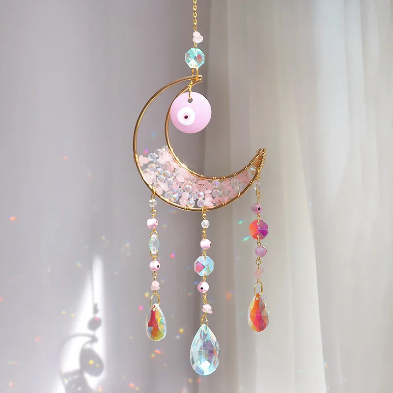 product new design rose quartz moon sun catcher with evil eye ornament home decor wall hanging car ornament crystal sun catcher-6