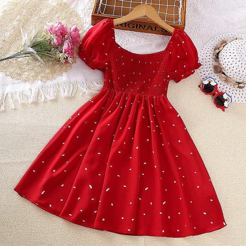 2024 Teen Dress Summer Cap Sleeve Pleated Ruffle Kids Dresses 6-12 Yrs  Casual Red Color Girls Clothes Daily Life