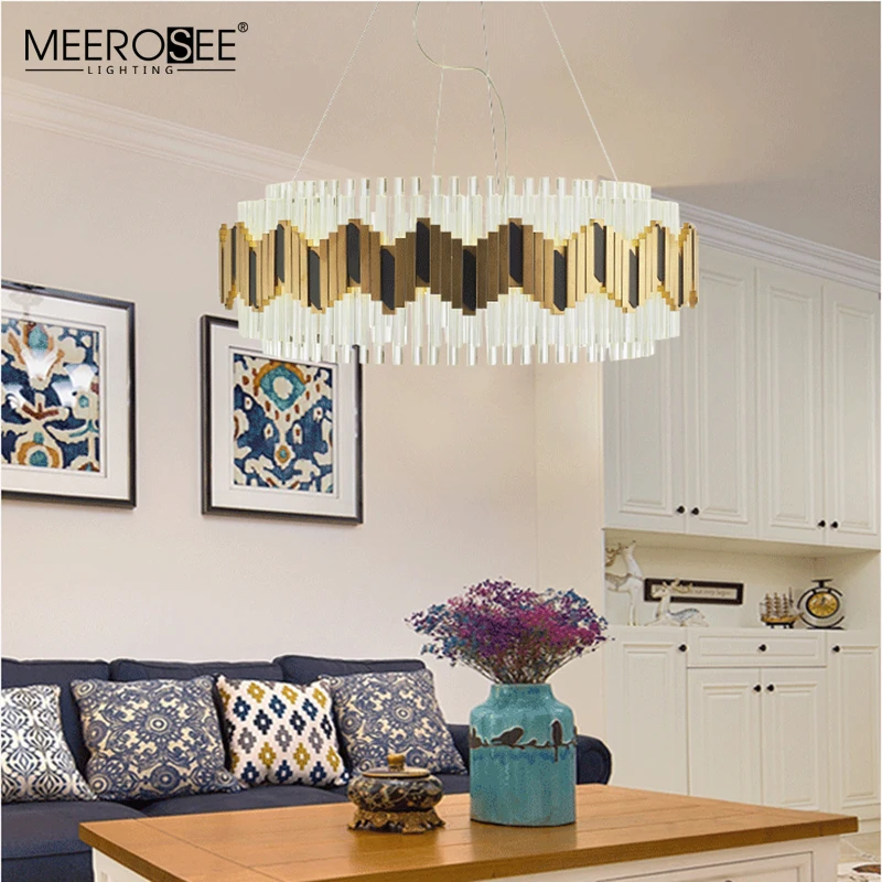 MEEROSEE Luxury Round Gold Crystal Pendant Light Modern Round Crystal Chandelier Lamp for Villa Hotel MD86720