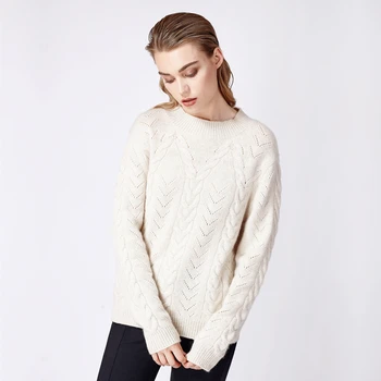 Guoou Knitwear Hollow Out Round Neck Womens Cable Knit Sweater Pullover