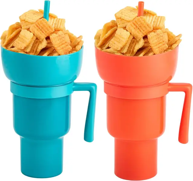 Customization Square Beverage Cola Cinema 2 In 1 Snack And Drink Cup Popcorn 32oz Plastic Cup With Snack Tray Bowl Straw