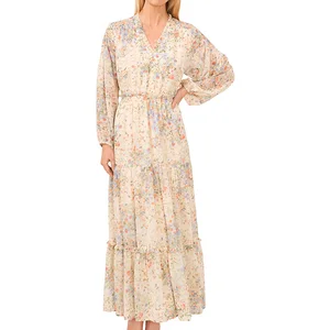 Lady Autumn Long Sleeve Maxi Dress With Ruffle Trim Floral Tiered Chiffon Elegant Slim Women's Dress