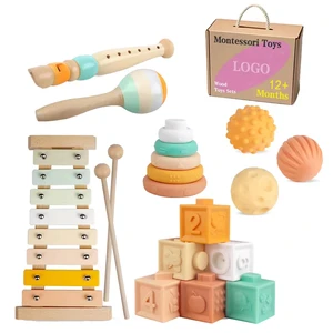 6 in 1 Early Education Box Montessori Wooden Toy Tissue Box Rain Stick Spinning Drum for Baby 12-36 Months