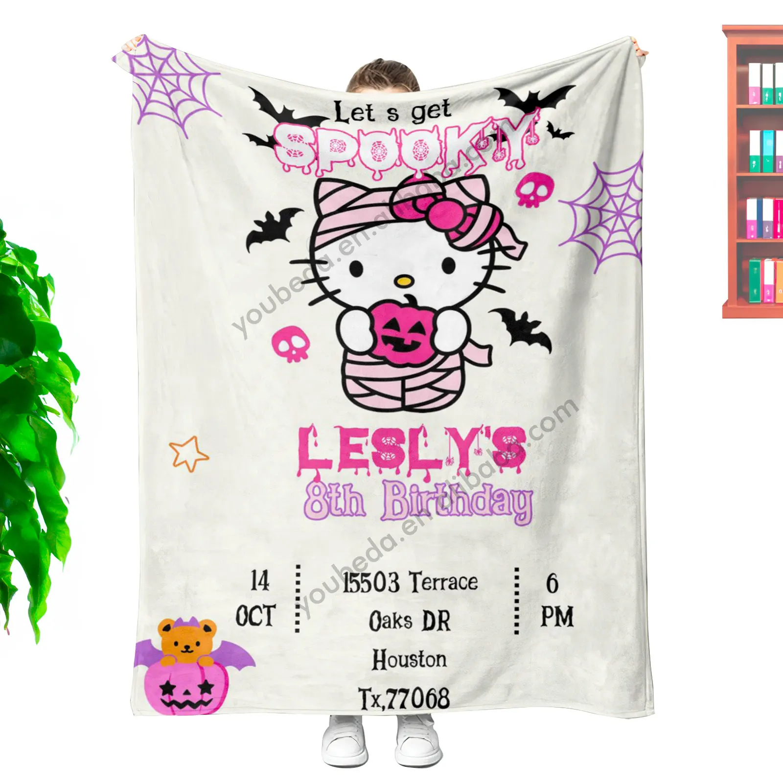 Minimum Cost Wholesale Custom Printed Designer Senrio Kids Cartoon HK Kitty Cat Character Halloween Soft Plush Throw Blanket