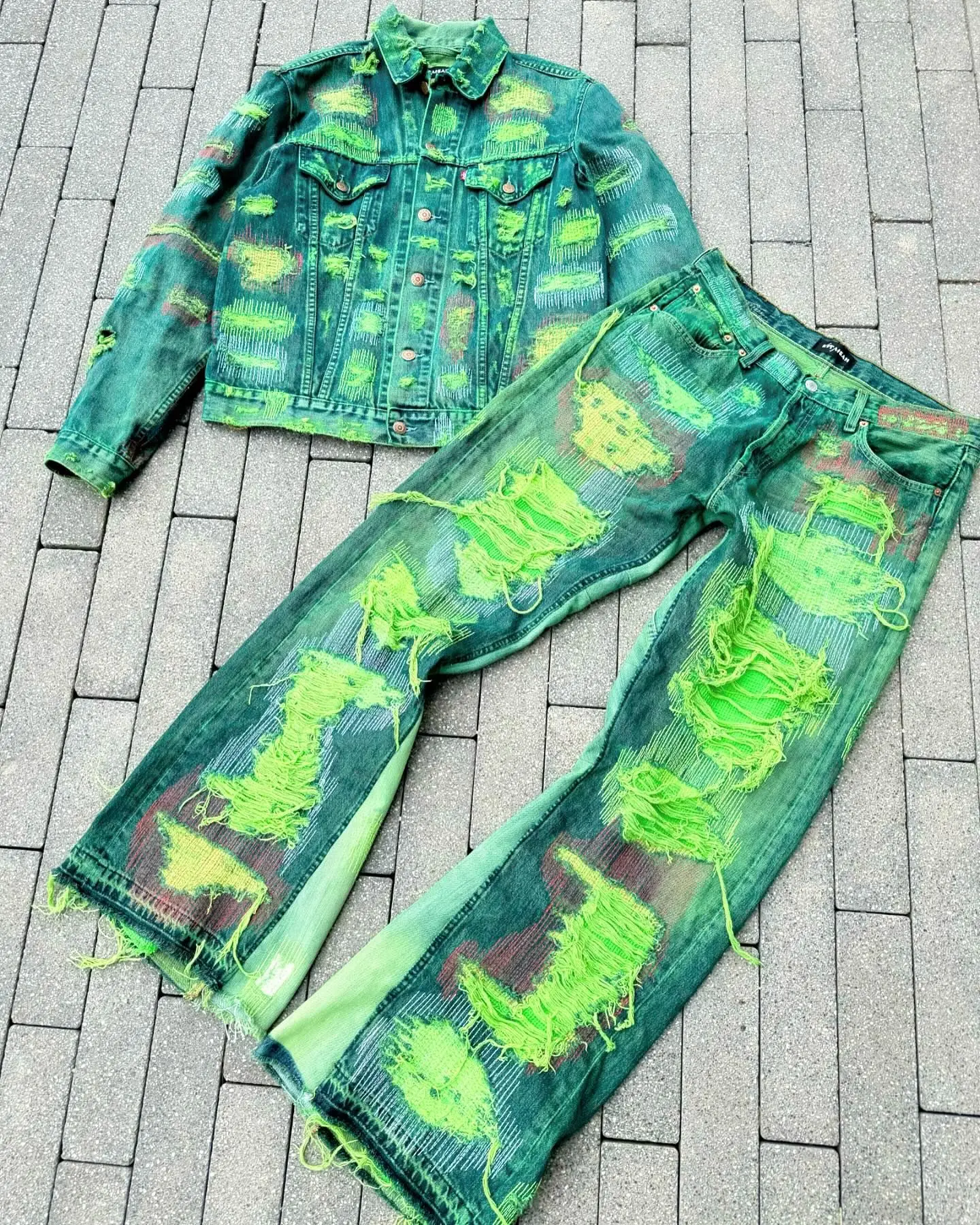 Salati Custom Clothing Manufacturers Tracksuits Acid Wash Vintage Ripped 2 Piece Set Men Jeans and Jacket Men's Denim Set