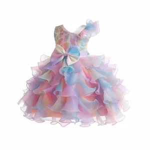 Customizable Summer New Arrival Rainbow Party Dress Sloping Shoulder Princess Dress Luxury Puff Beading Bows Girls Dresses