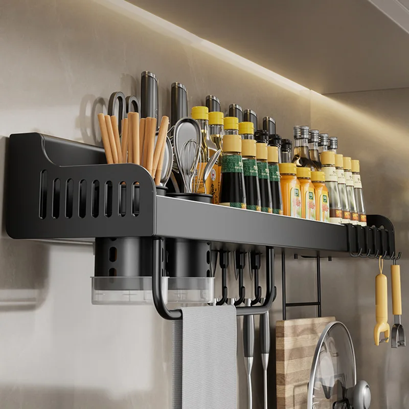 Home Use Gun Ash Kitchen Seasoning Chopstick Knife Rack Non-Punching Wall-Mounted Storage Shelf Multi-Functional Key Use