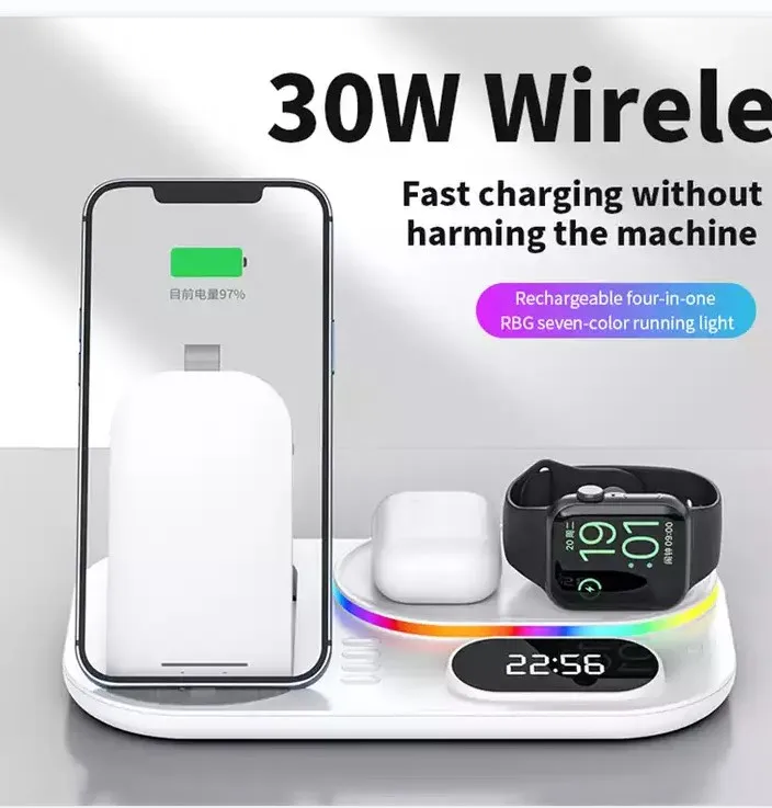 30W RGB LED Multifunctional Wireless Charger 3-in-1 Foldable Magnetic Charger Station with Night Light for iPhone and Samsung