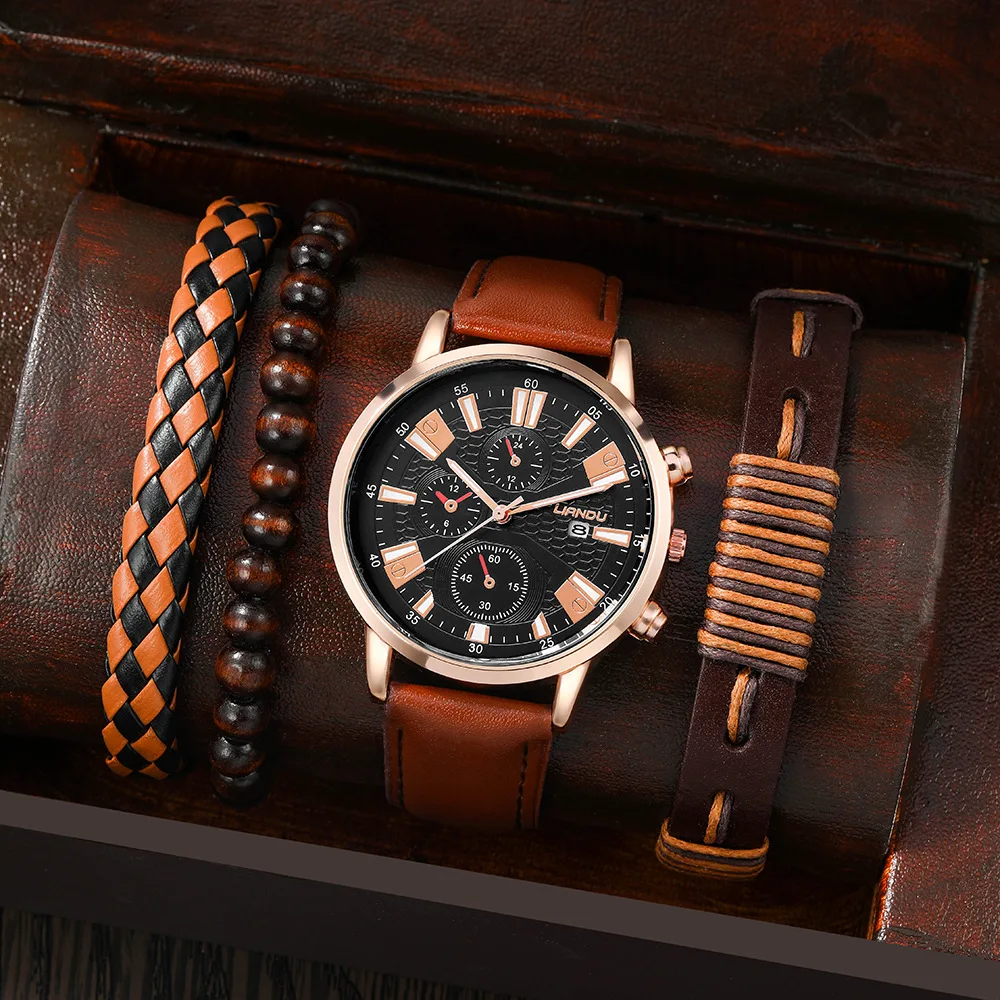 LIANDU腕時計セット LIANDU Men's Watch with 3 Pcs Bracelets Set - Fashion & Luxury