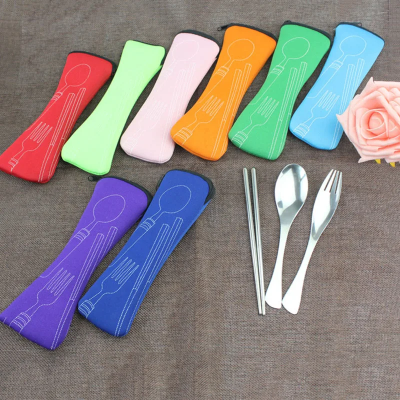 Random Color Fork Spoon Chopsticks Portable Stainless steel Travel Tableware Set 