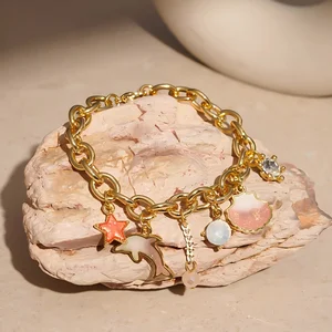 Women's Trendy Gold Plated Alloy Bracelet Starfish Shell Dolphin Bohemian Vacation Beach Style Fashion Thick Chain Link Jewelry