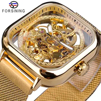 Forsining Golden Men Automatic Watch Square  Mesh Steel Band Mechanical Business Clock Relogio Masculino Erkek Kol Saati