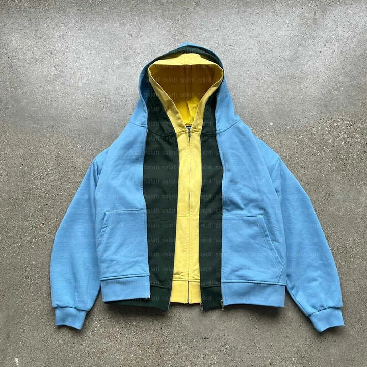 Salati Y2K Manufacturer Huddies Patchwork 3 Hood Triple Layer 500GSM French Terry Boxy Zip up Oversized Blank Hoodies for Men gallery 2