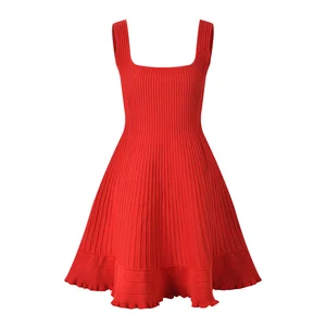 Elegant Women's Slim Fit Sleeveless Ruffled Knitted Short Dress Solid Pattern New Fashion Summer Party Look Sweet Style