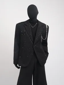 New Niche Design Long Beaded Pearl Chain Black Men's Plus Size Spring Autumn Fashion Brand YiFeng Loose Casual Suit Jacket