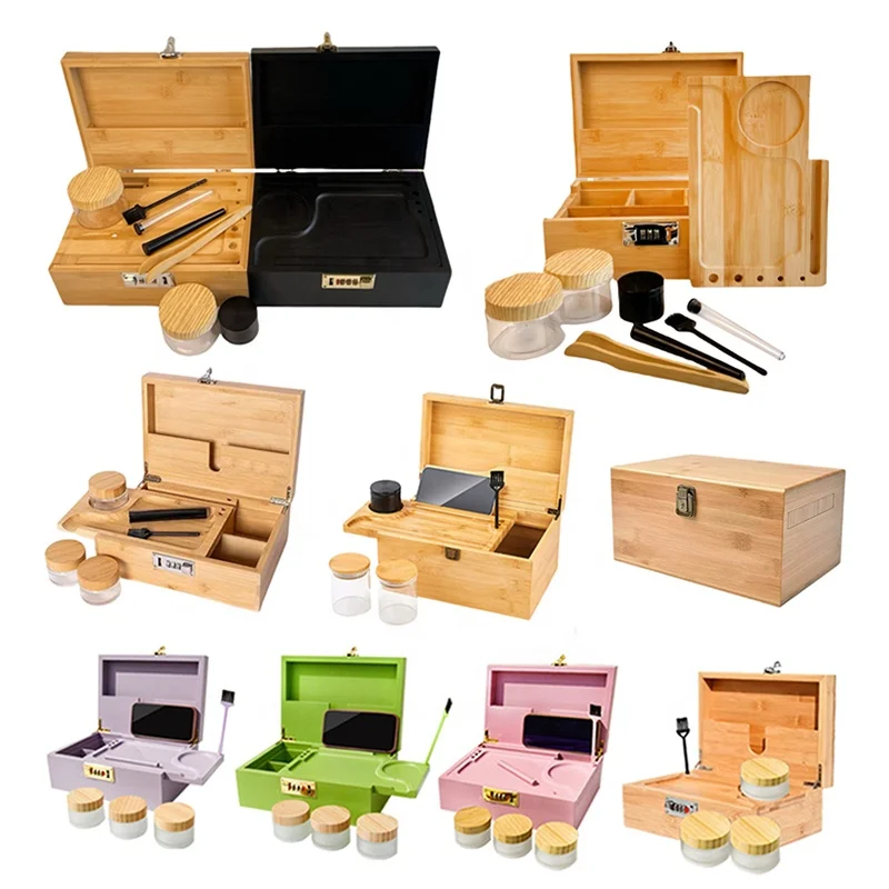 Decorative Removable Dividers  Large Wooden Stash Box With Rolling Tray