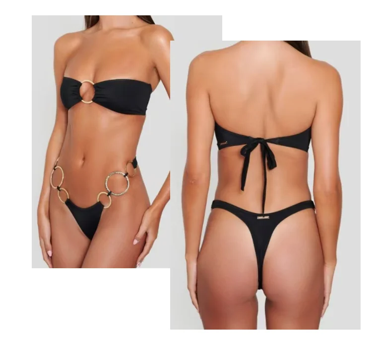 OEM Custom Bathing Suit Solid Blank O Ring Luxury Swimwear Women Sexy Bandeau Tube Top Triangle String Thong Micro Bikini Set