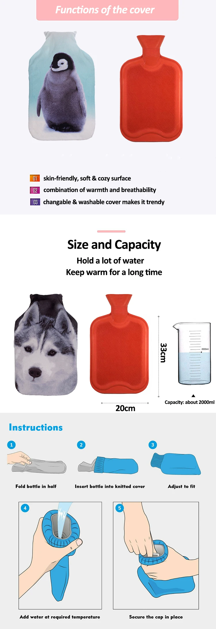 2 liter rubber hot water bottle portable hand bed warmer cheap fleece hot water bag cover for pain relief
